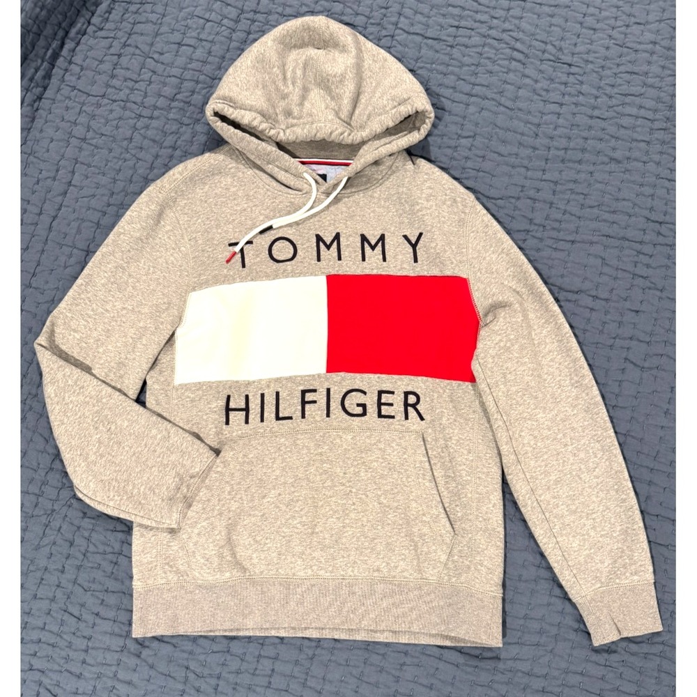 Tommy Hilfiger Men's L Gray Pullover Hoodie Fleece‑Lined Red White Graphic Logo